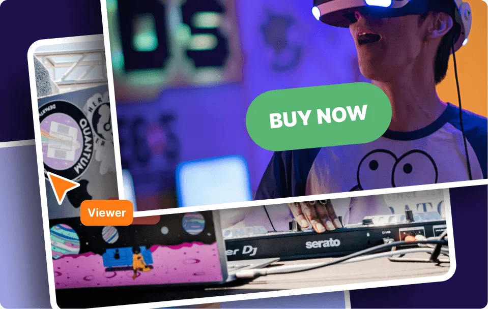 Collect Data while Selling. Collage of a person wearing VR goggles, a DJ operating a Serato deck, and a 'Buy Now' button, with a 'Viewer' label pointing to one section.