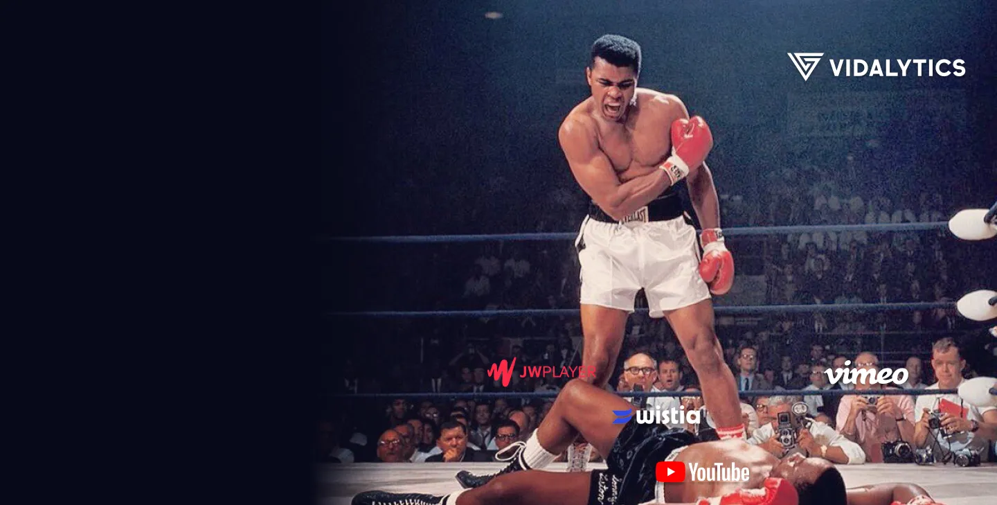 A famous boxing match photo showing Muhammad Ali standing victorious over his fallen opponent in the ring. The image is overlaid with logos for Vidalytics, YouTube, Wistia, JWPlayer, and Vimeo.
