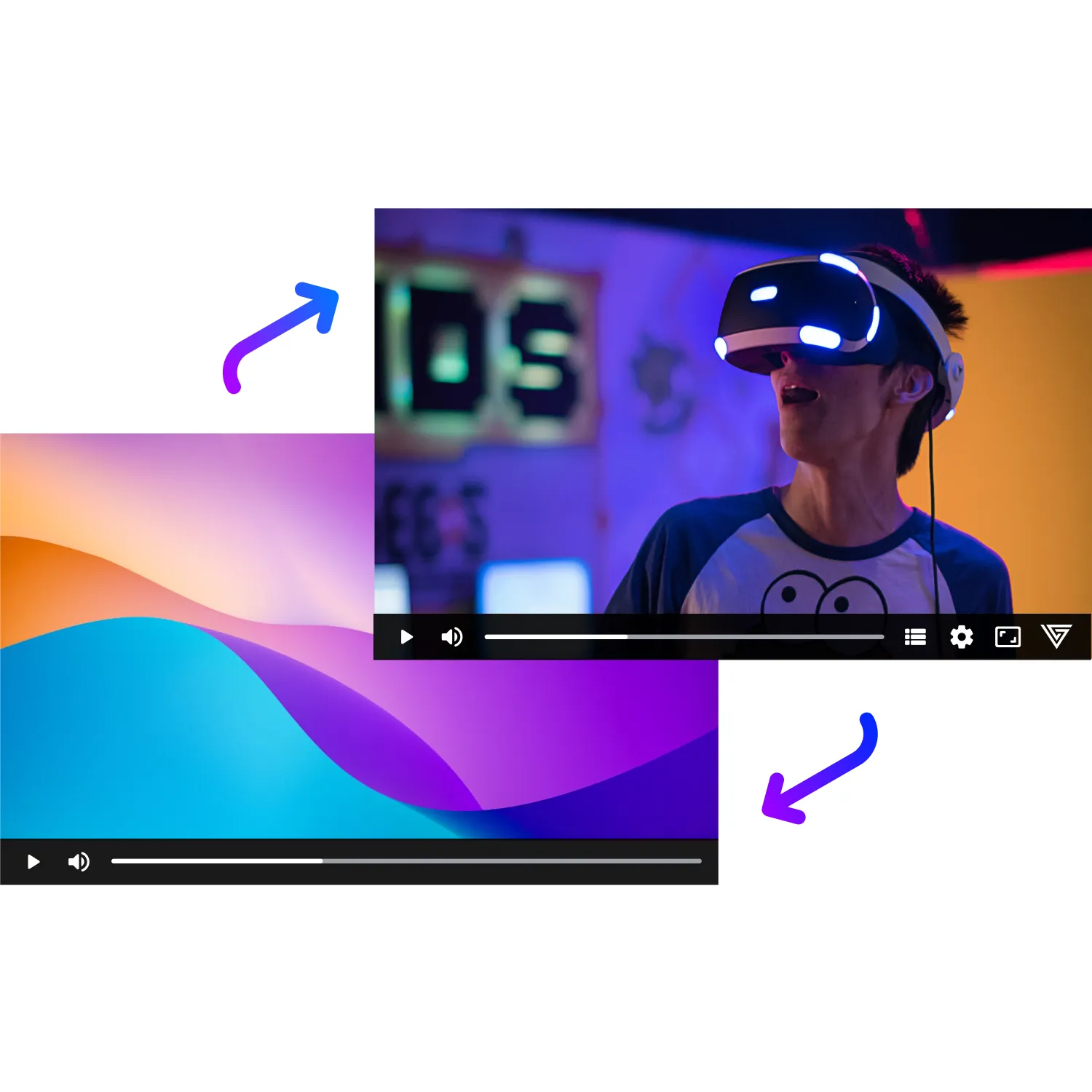 Two video player windows placed diagonally, with arrows pointing between them. The top right video shows a person wearing a VR headset, while the bottom left video shows colorful abstract shapes. The image implies the transition between two video frames or player windows.