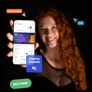 A smiling woman with long curly red hair holds a smartphone displaying a video interface. The image has overlaid graphics including "Player Controls", "CTA", and a "BUY NOW" button, suggesting video marketing features.