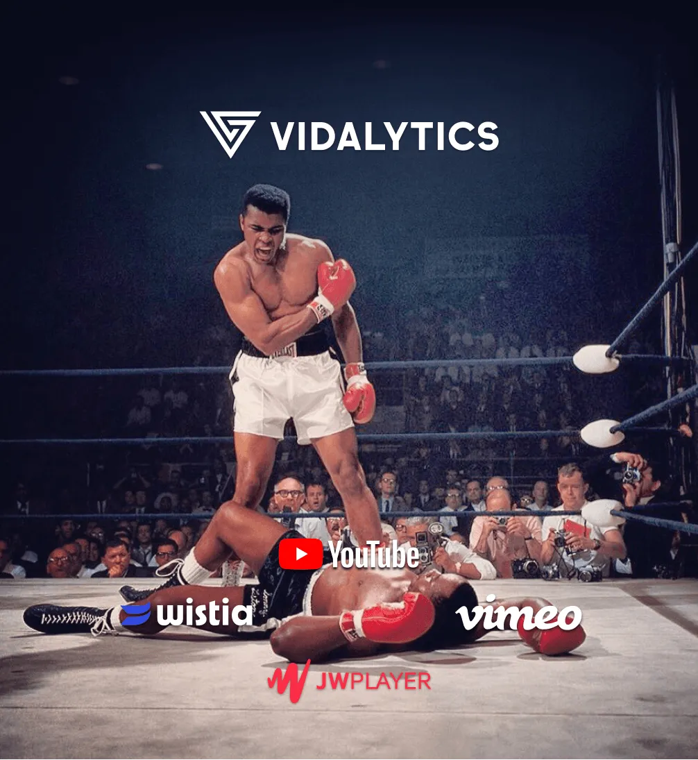 A famous boxing match photo showing Muhammad Ali standing victorious over his fallen opponent in the ring. The image is overlaid with logos for Vidalytics, YouTube, Wistia, JWPlayer, and Vimeo.