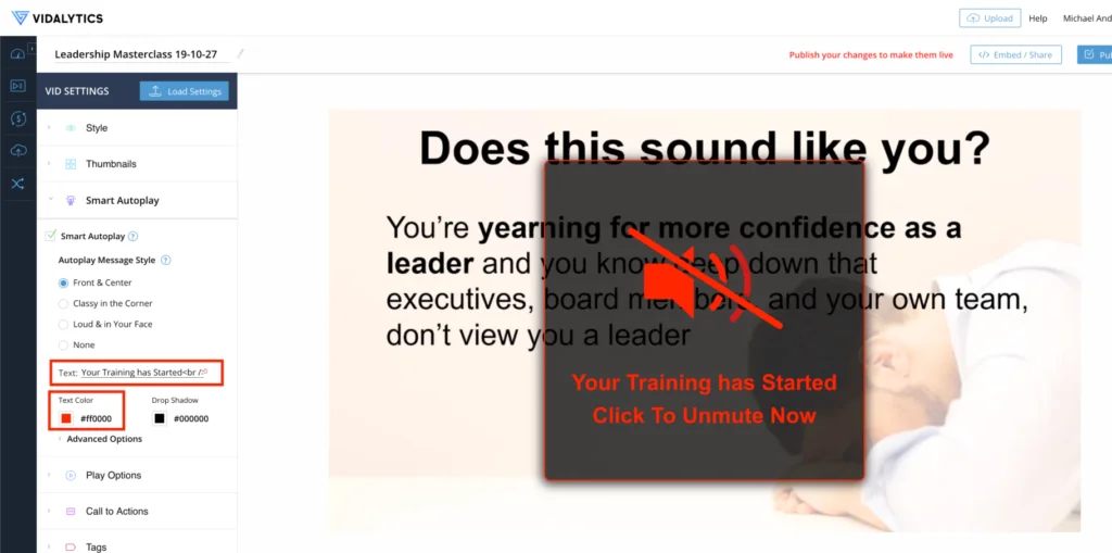Vidalytics video settings with a red unmute prompt overlay on a video, customized text color selected in settings.