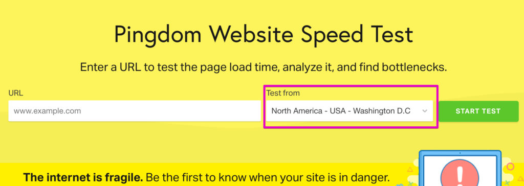 Pingdom Website Speed Test page with URL input box and option to choose a test location, set to North America - USA - Washington D.C.