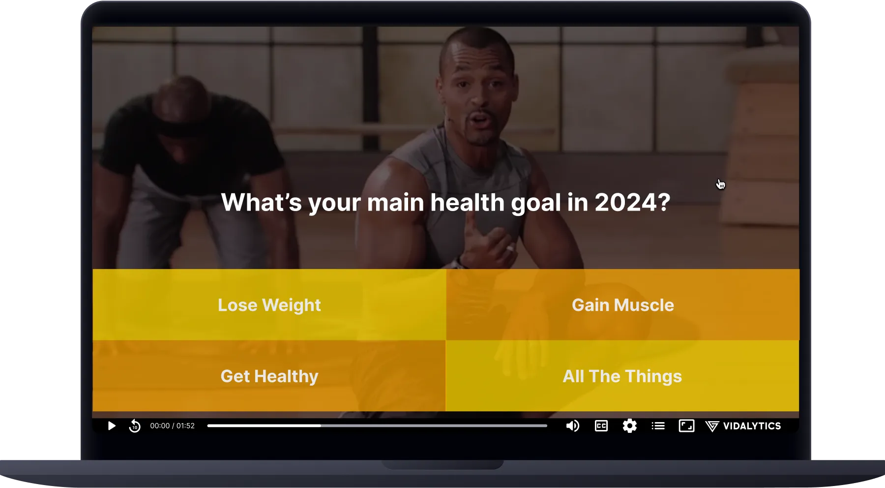 Vidalytics video with a fitness trainer on screen asking, 'What's your main health goal in 2024?' and options to choose: Lose Weight, Gain Muscle, Get Healthy, All The Things.