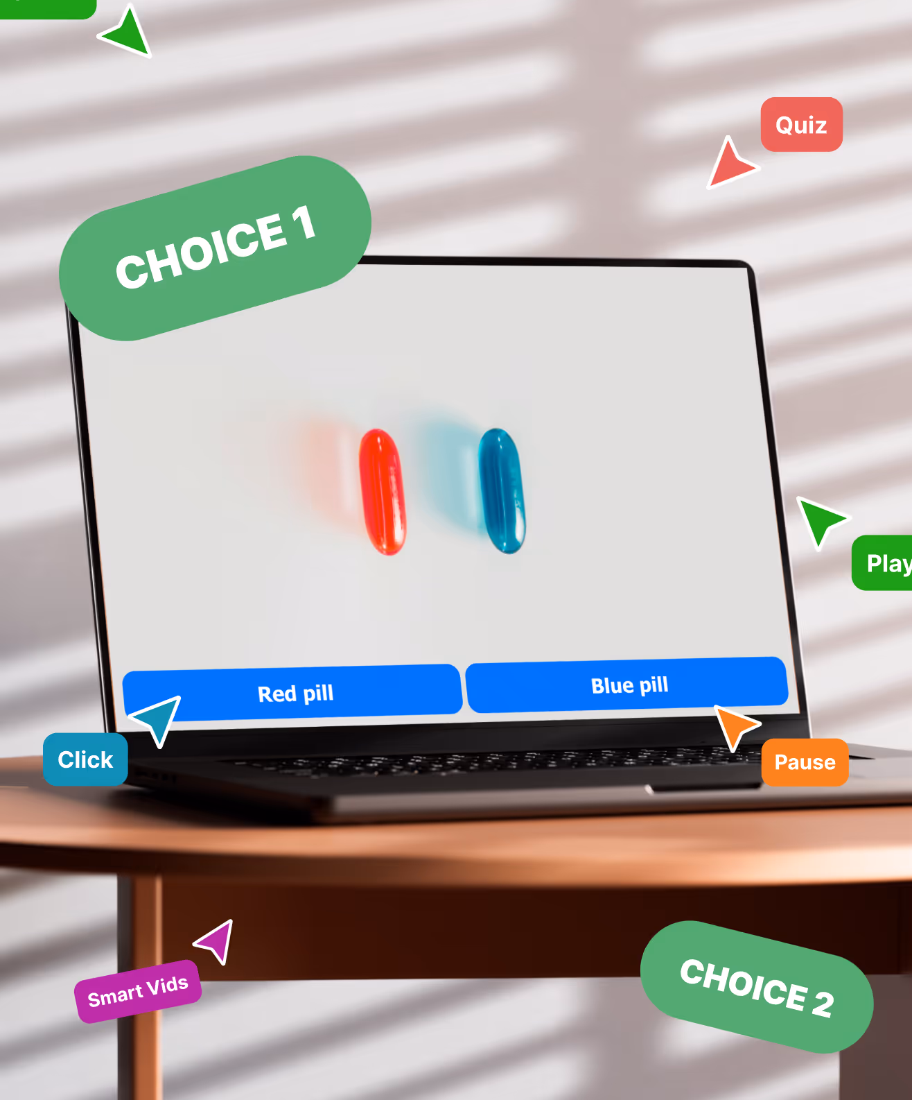 Laptop on a wooden table displaying a quiz with red and blue pill choices labeled 'Red pill' and 'Blue pill'.