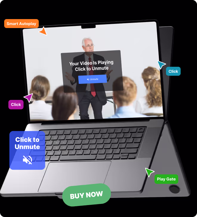 Laptop screen showing a video player interface with an older man presenting to an audience. Overlaid graphics include "Smart Autoplay", "Click", "Play Gate", and "BUY NOW" buttons, with a "Click to Unmute" prompt.