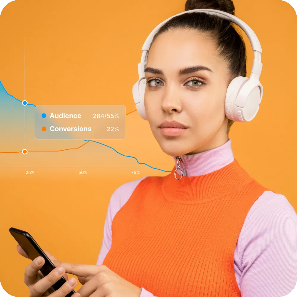 Woman wearing headphones and holding a smartphone, with audience and conversions data graph displayed in the background.