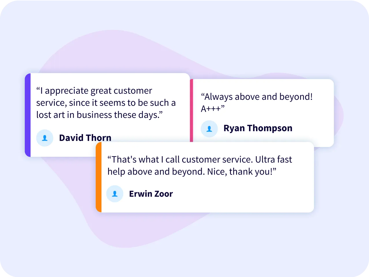 Three testimonials from David Thorn, Ryan Thompson, and Erwin Zoor praising great customer service.